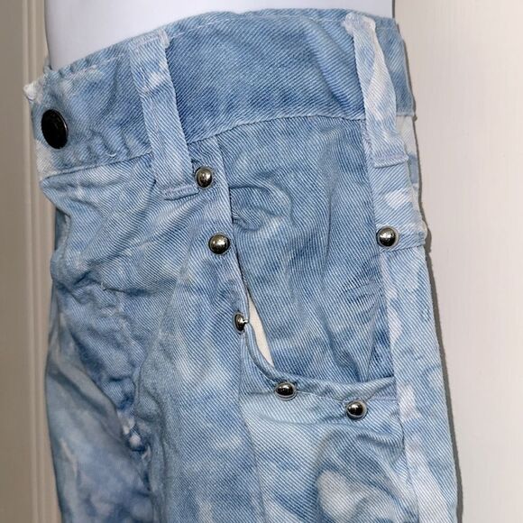 Vintage 70s Mambro Girls Blue Tie-Dye Bell Bottom Cuffed Jeans with Silver Studs - Picture 4 of 10